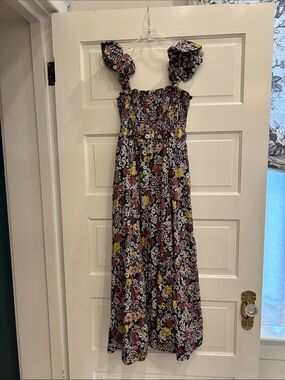 Sea New York Black Floral Smocked Maxi Dress with Pink and Yellow Accents